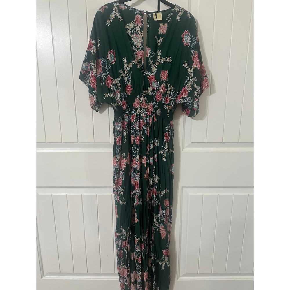 Japna Green Floral Boho Midi Dress Smocked Waist B Neck Short Sleeve Size S